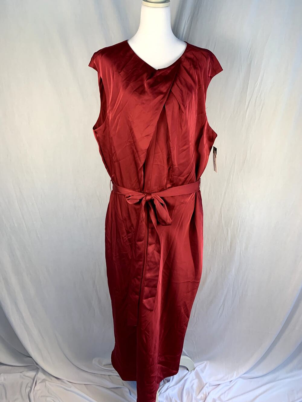 Tahari Plus Size Twisted Neck Satin Midi Dress Mulberry Red 20W NWT